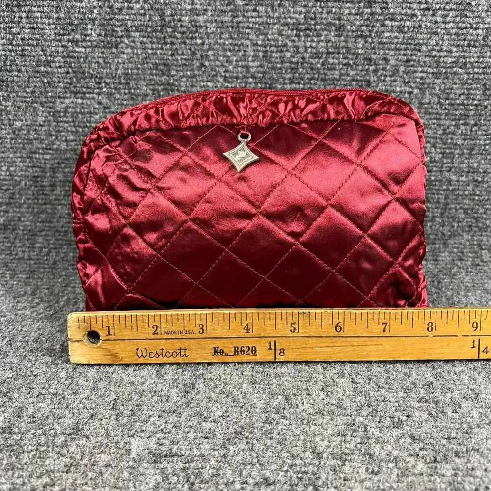 Lancome Quilted Cosmetic Makeup Bag Red Satin Zipper New
